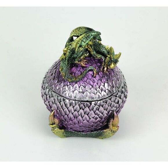 Hand Painted Green and Purple Sleeping Dragon On Egg Lidded Trinket Box - Picture 2 of 4